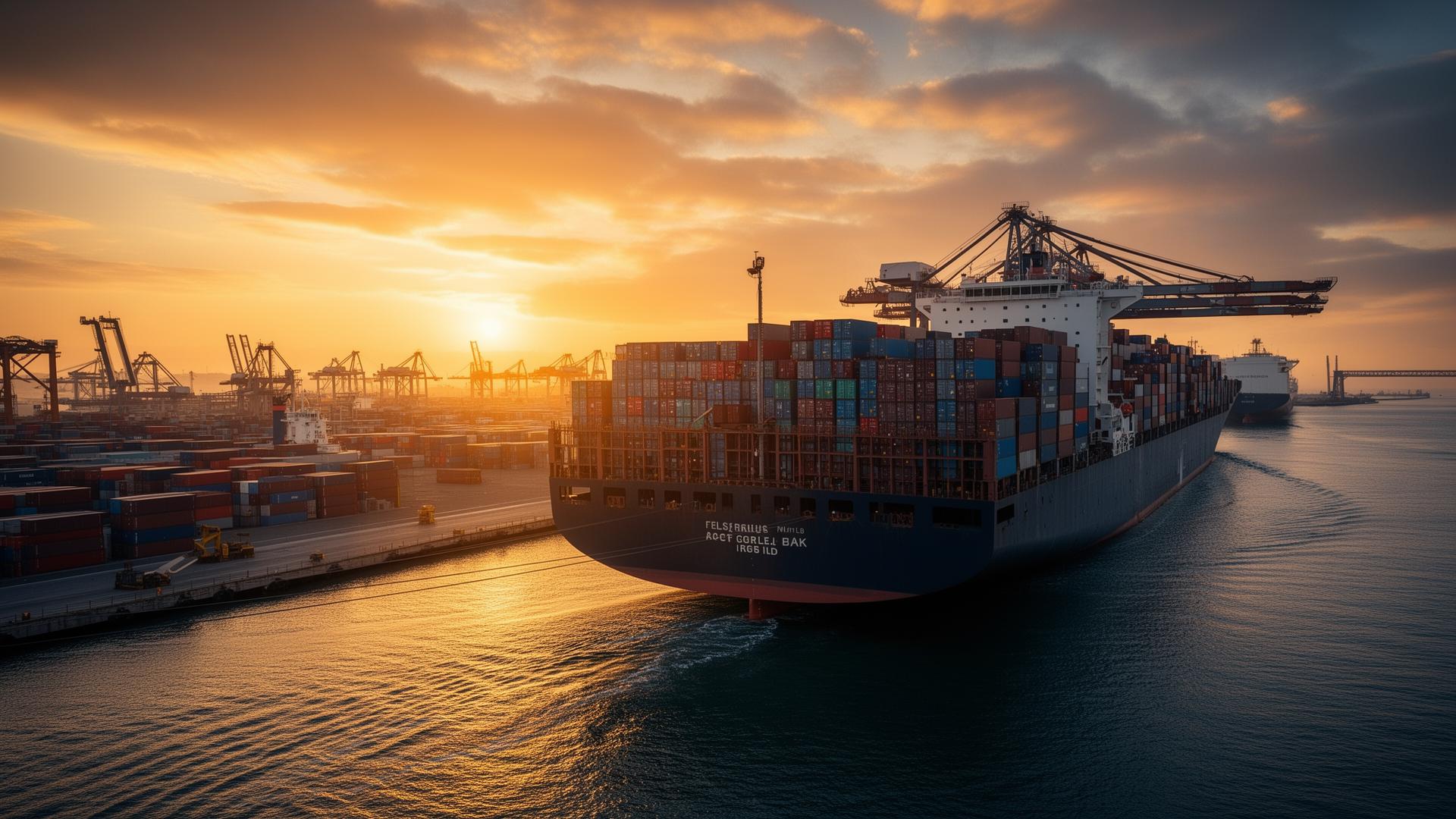 Container ship at a global shipping port at twilight